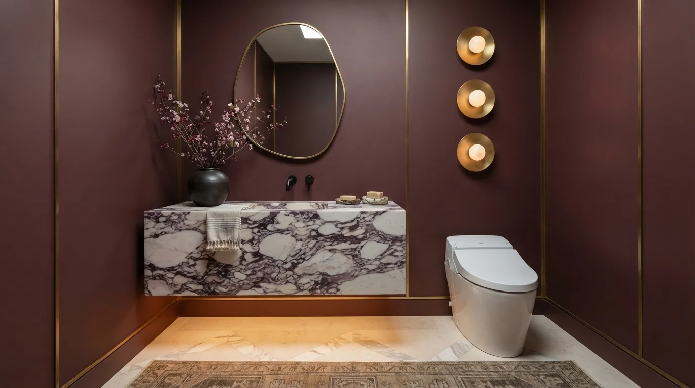 Velvet Wine Powder Room — red powder room painted in Hawaiian Cinder