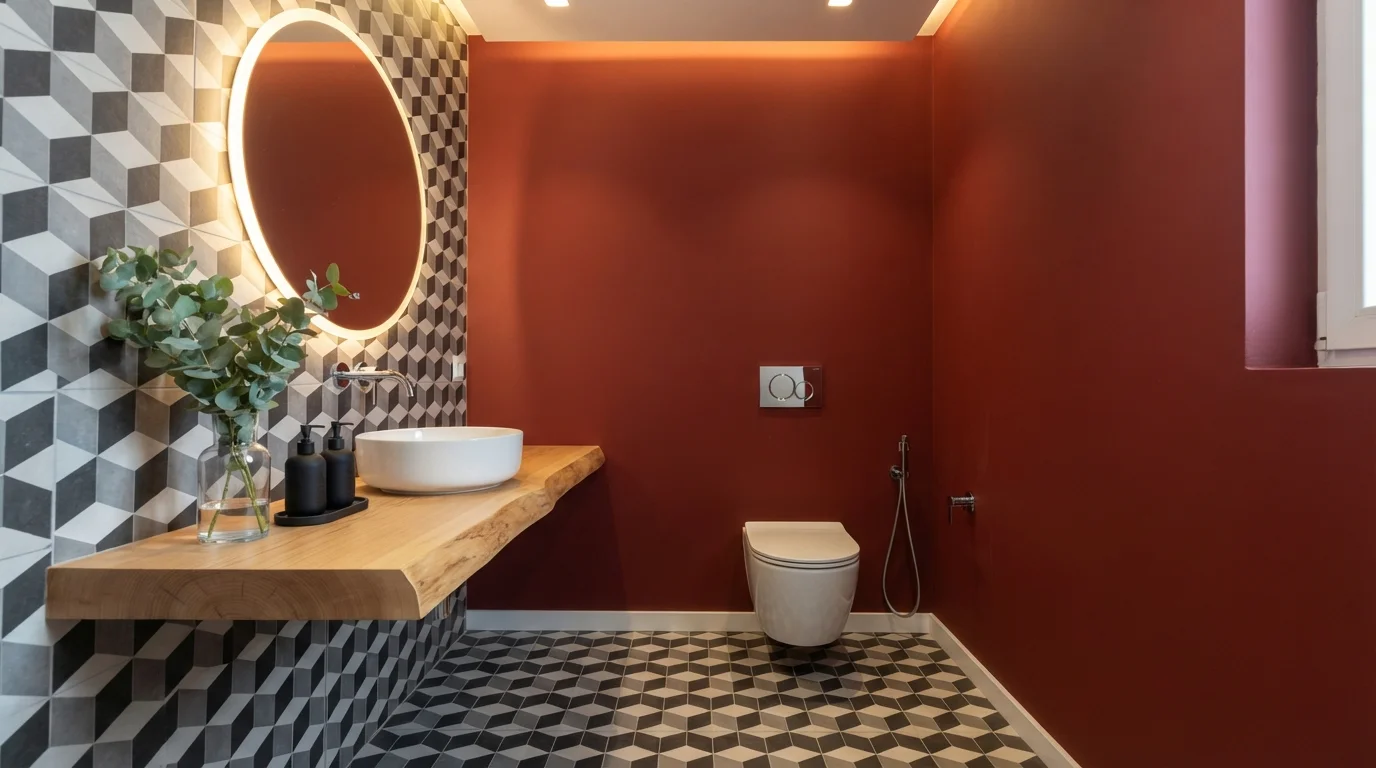 Crimson Geometric Powder Room — red powder room painted in Heirloom Red