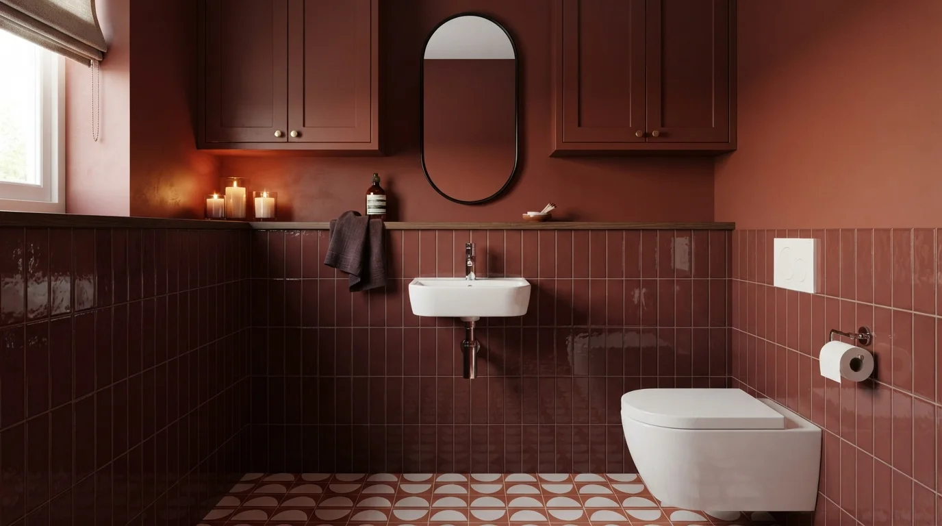 Burnt Terracotta Powder Room — red powder room painted in Palace Arms Red