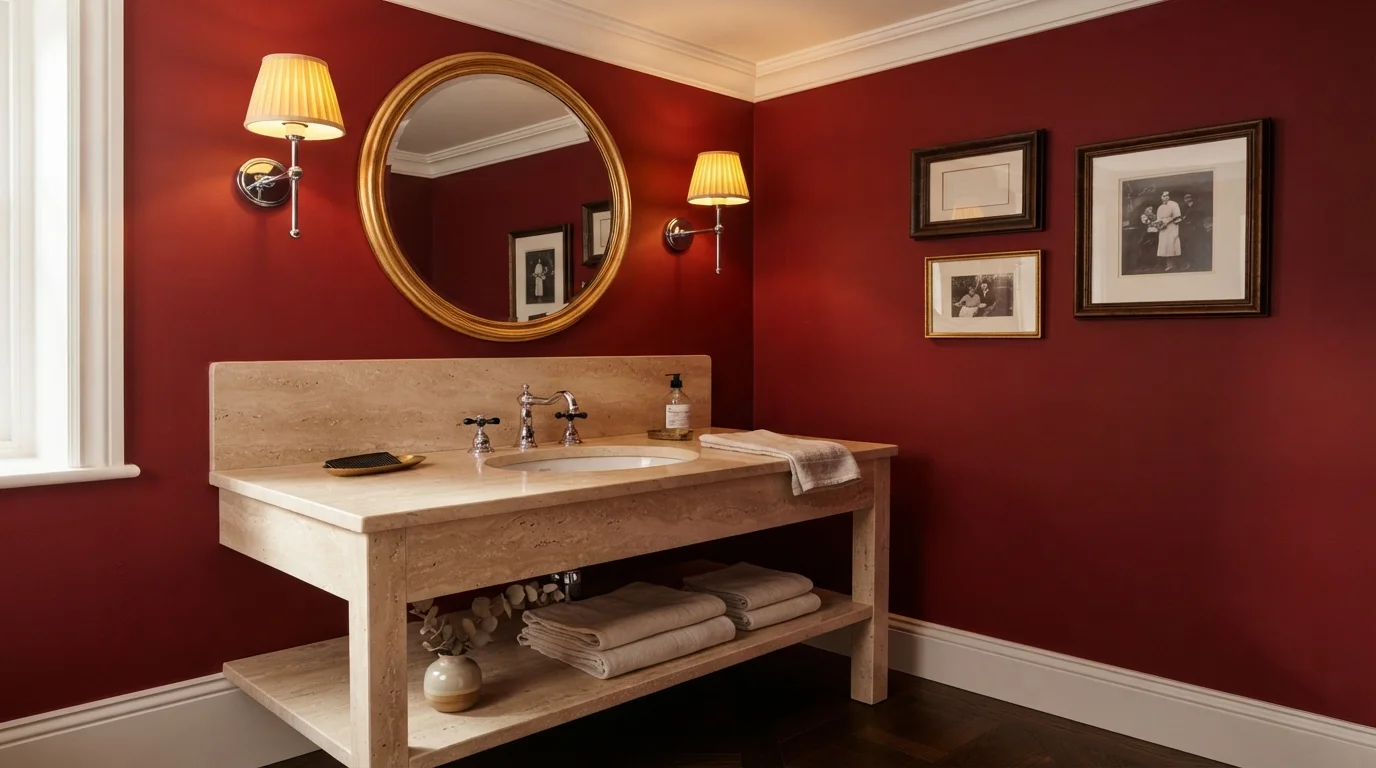Crimson Powder Room — red powder room painted in Cardinal