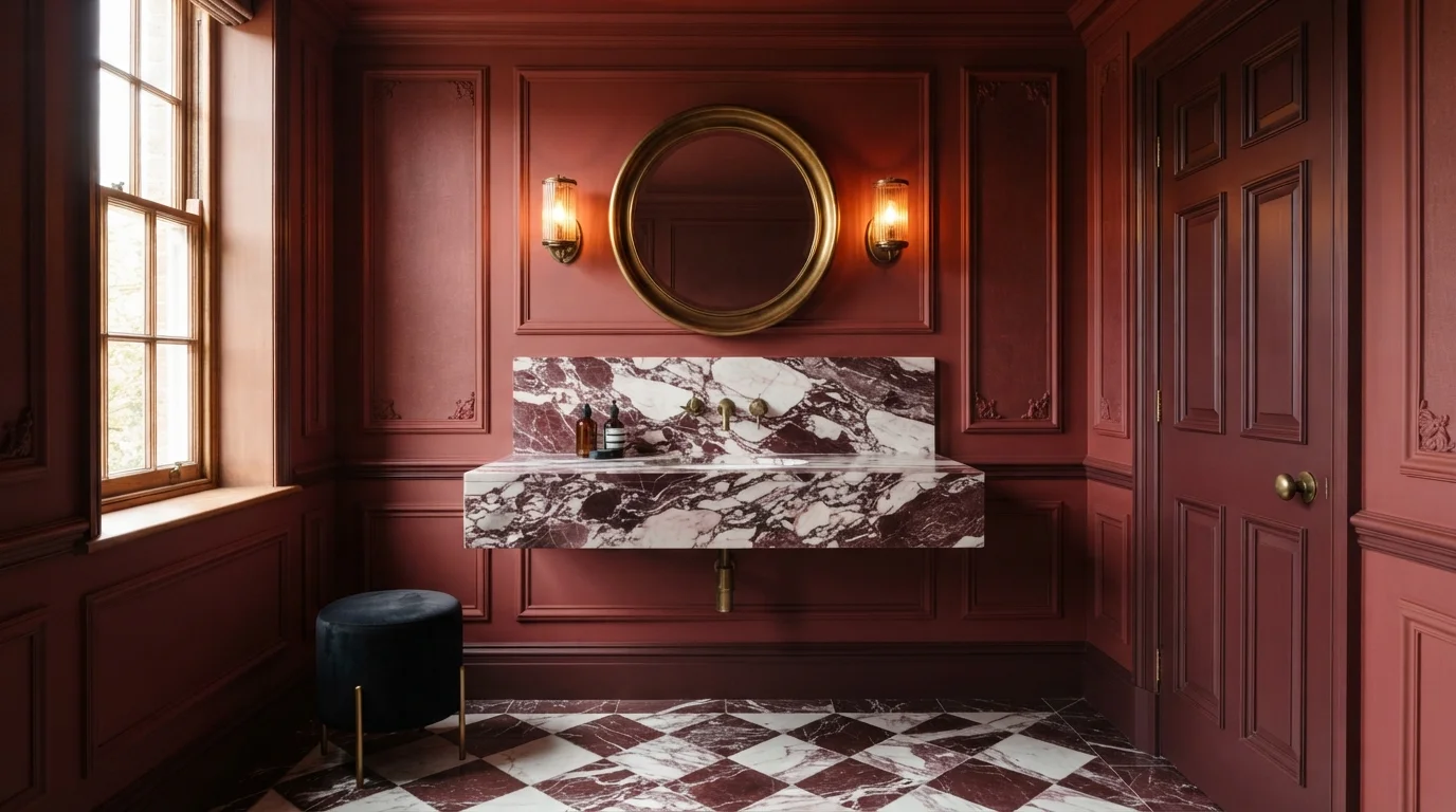 Burgundy Velvet Powder Room — red powder room painted in Florence Red