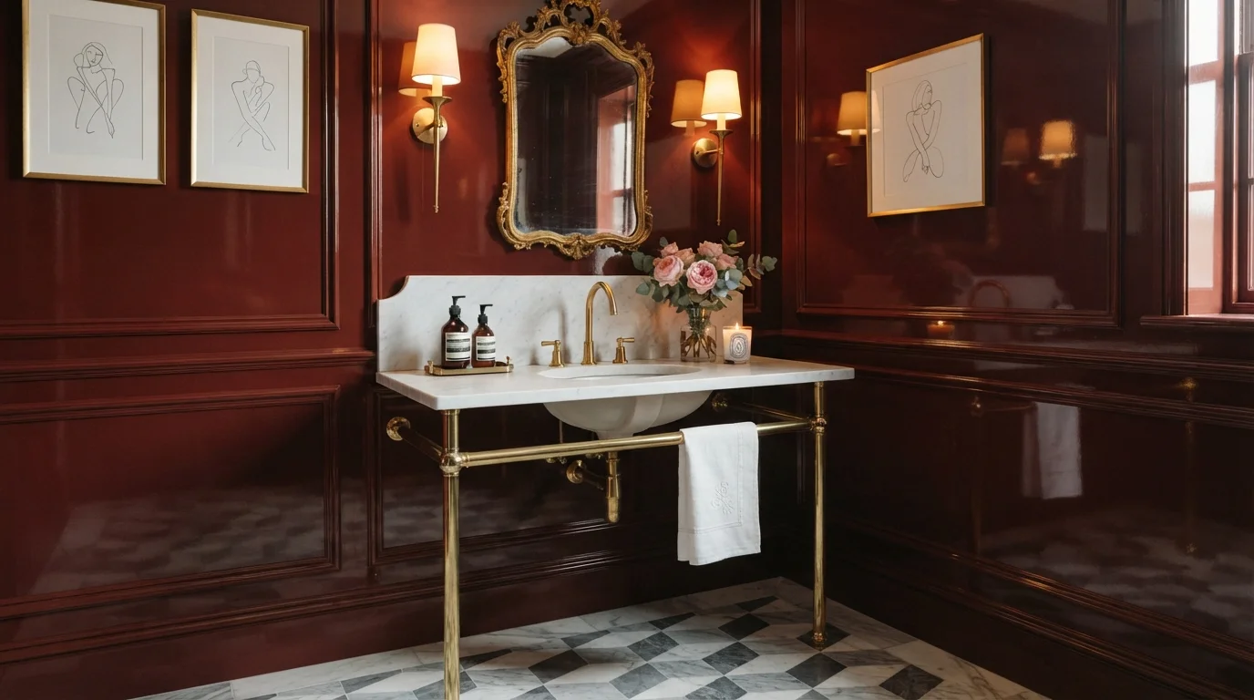 Lacquered Burgundy Elegance — red powder room painted in Classic Burgundy