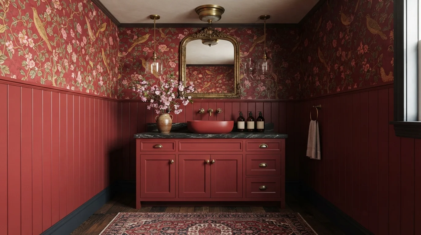 Moody Crimson Opulence — red powder room painted in Antique Red