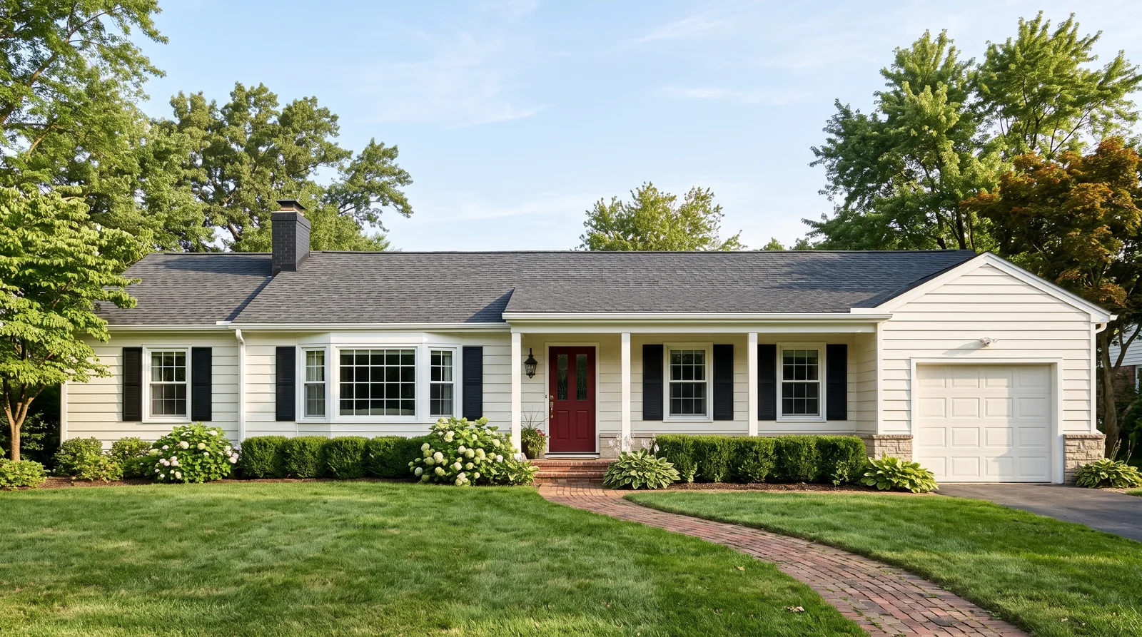 Classic White Ranch With Black Shutters — ranch exterior painted in Alabaster