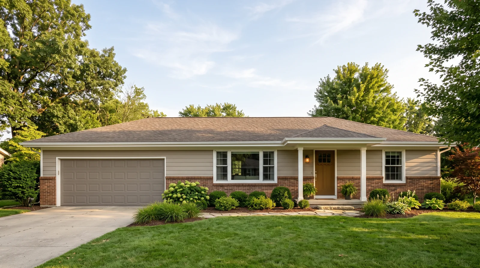Warm Greige Ranch With Brick — ranch exterior painted in Accessible Beige