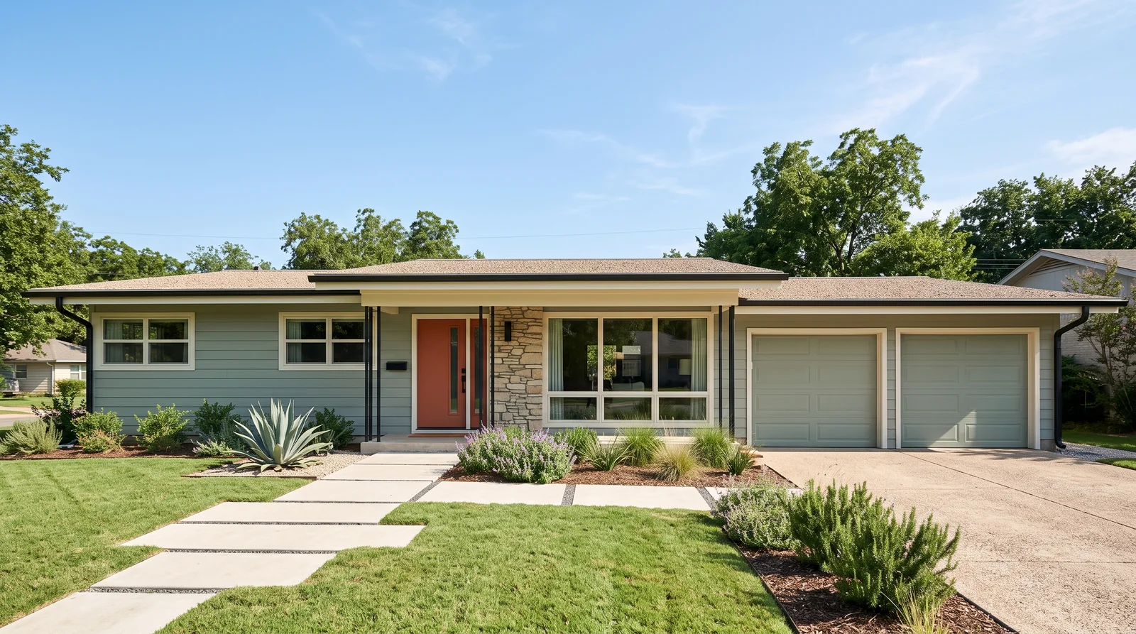 Sage Mid-Century Ranch — ranch exterior painted in Saybrook Sage