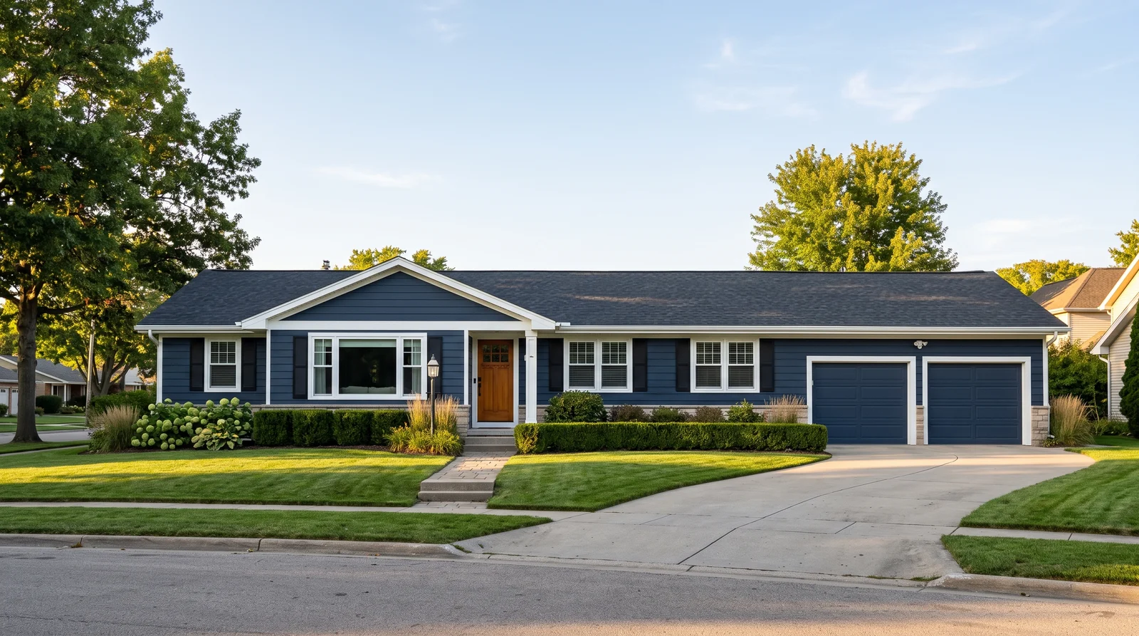Navy Ranch With Crisp White Trim — ranch exterior painted in Hale Navy