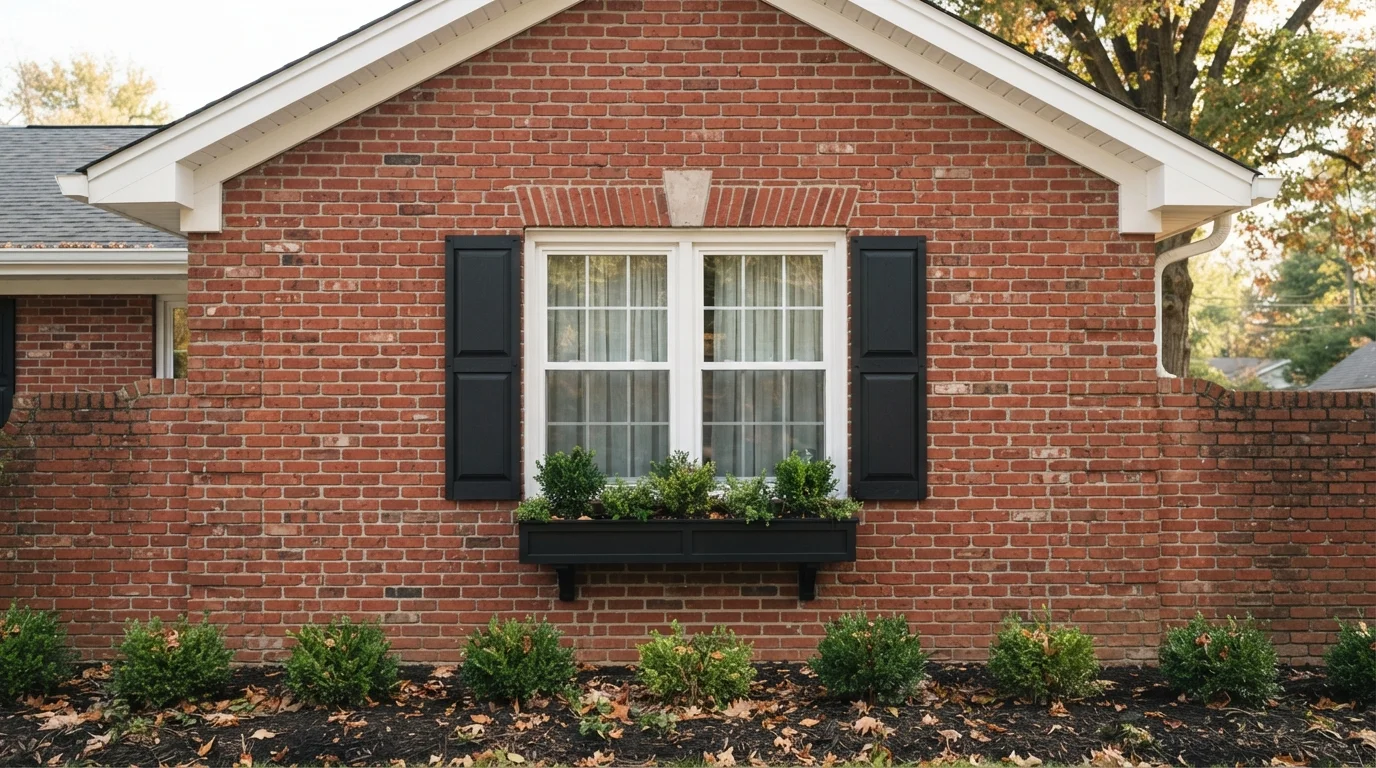 Traditional Brick Contrast — black shutters painted in Factory Black