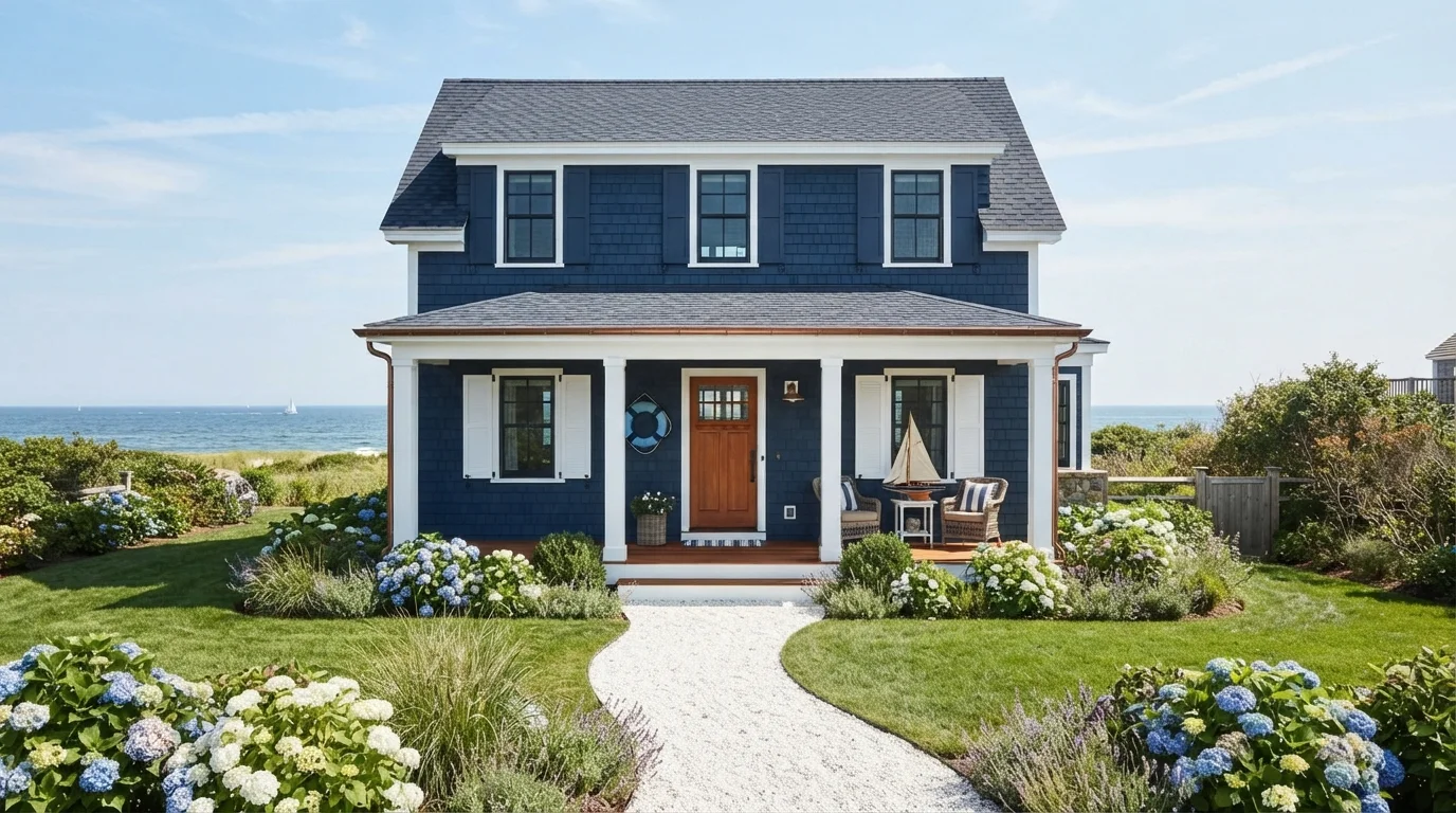 Nautical Navy Cottage — blue shutters painted in Symphony Blue