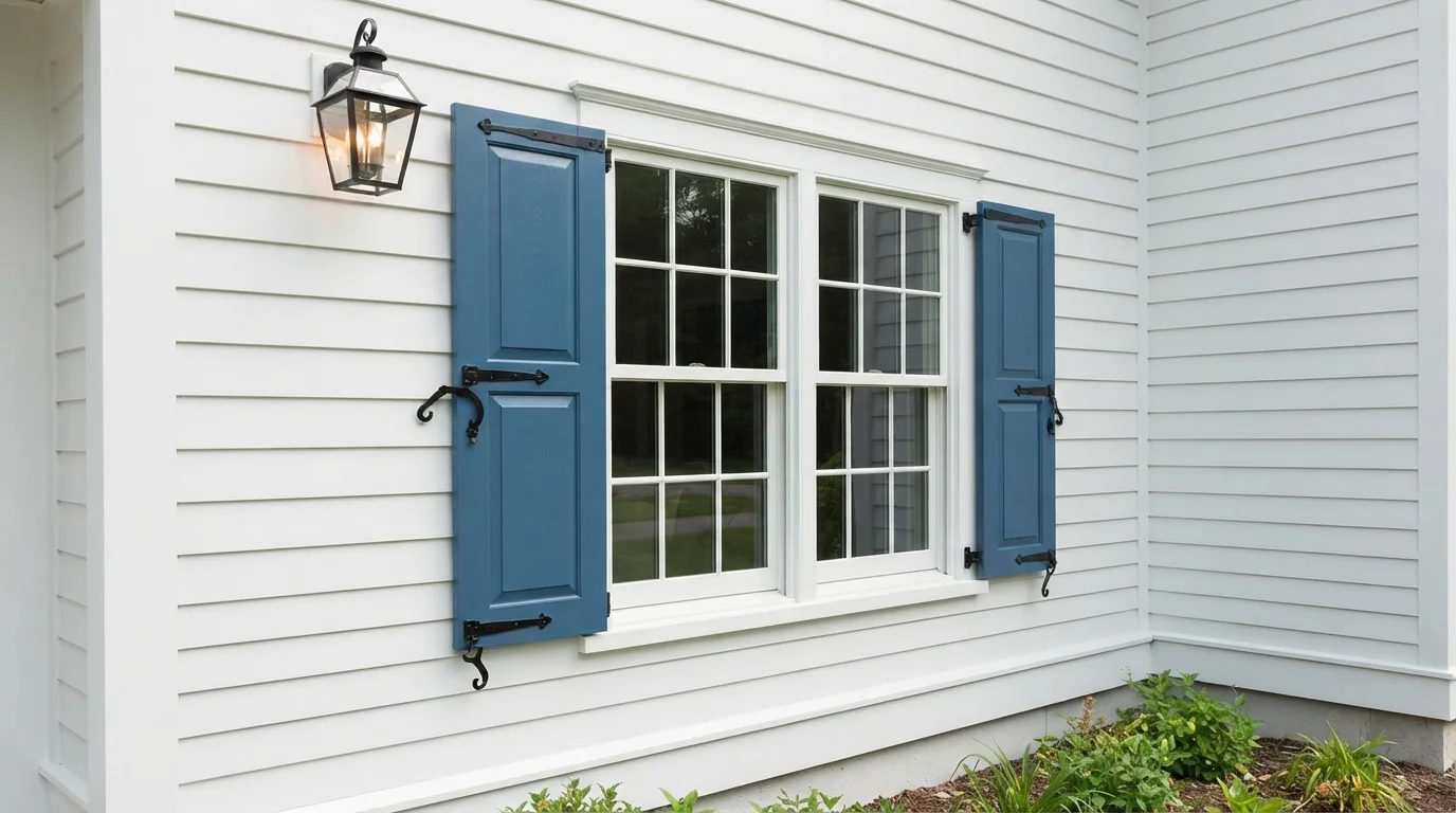 Nautical Blue Accents — blue shutters painted in Shasta Lake