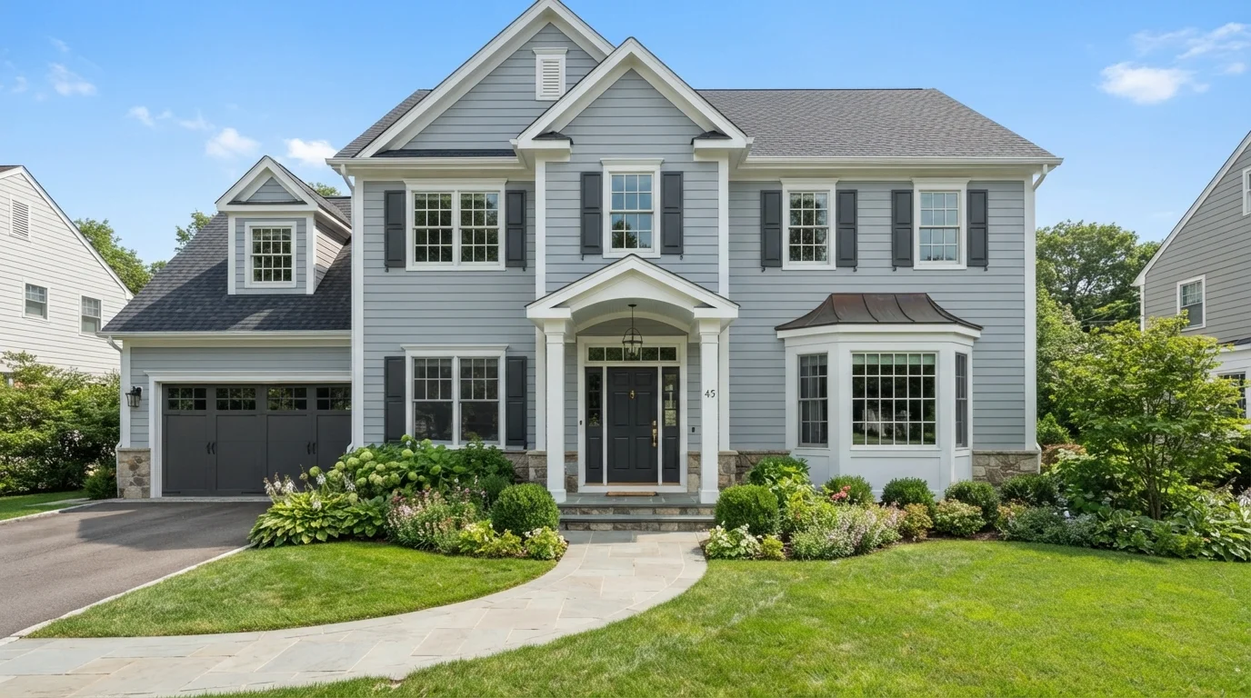 Crisp Slate Manor — gray shutters painted in Soot