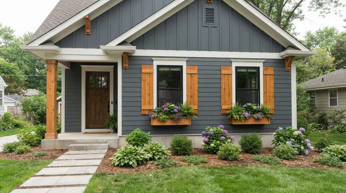 Modern Charcoal Craftsman — gray shutters painted in Westcott Navy