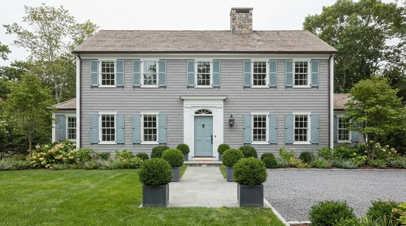 Coastal Shingle Classic — gray shutters painted in Metropolis Mood