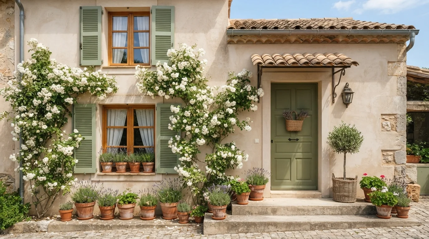 Provencal Sage Facade — green shutters painted in Lounge Green