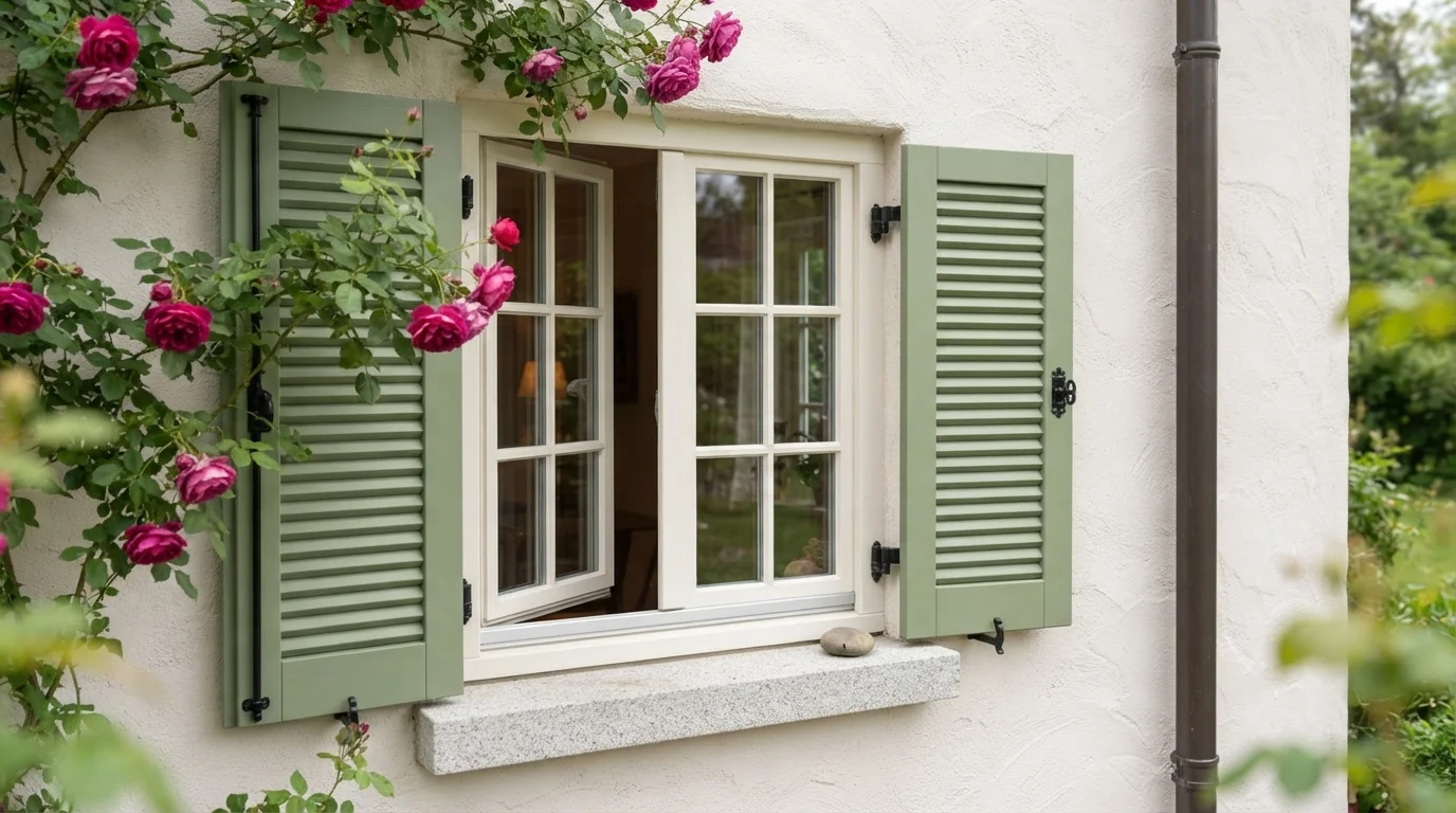 Sage Cottage Charm — green shutters painted in Easygoing Green