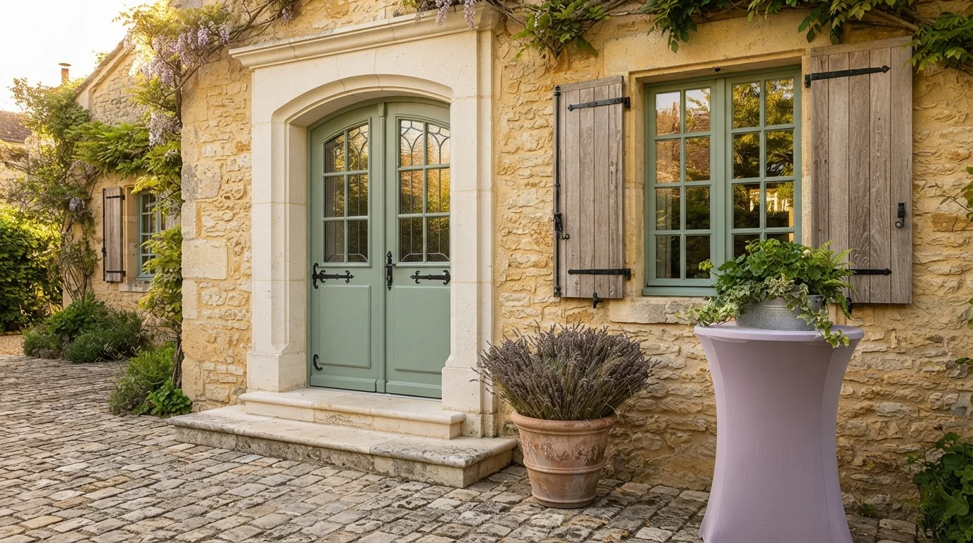 Provencal Sage Facade — green shutters painted in Southfield Green