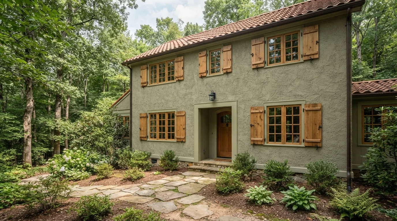 Rustic Sage Cottage — green shutters painted in Russell Green