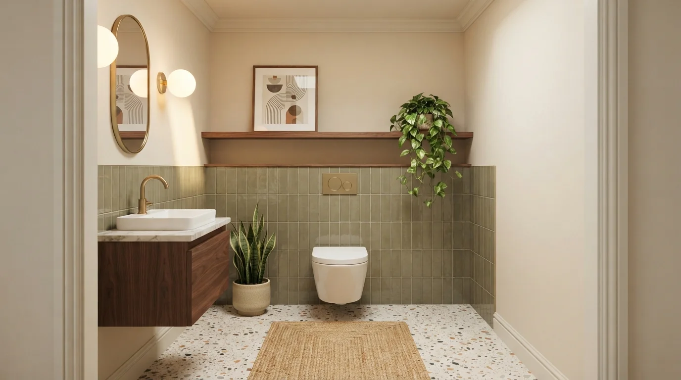 Earthy Olive Sanctuary — small bathroom painted in Nacre