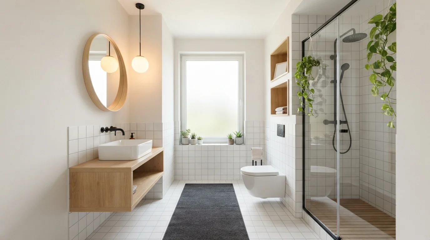 Warm Minimalist Bath — small bathroom painted in Alabaster