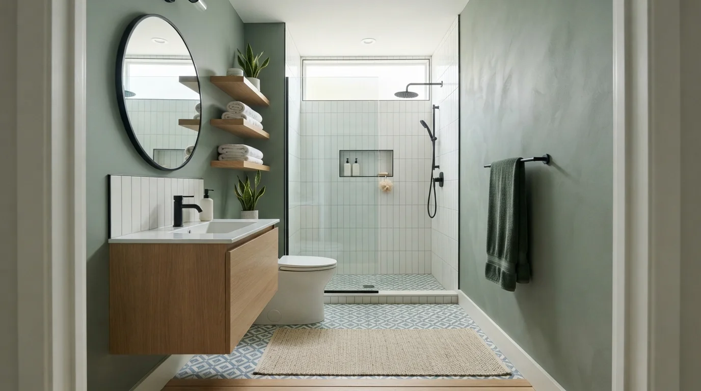Muted Sage Spa — small bathroom painted in Norway Spruce