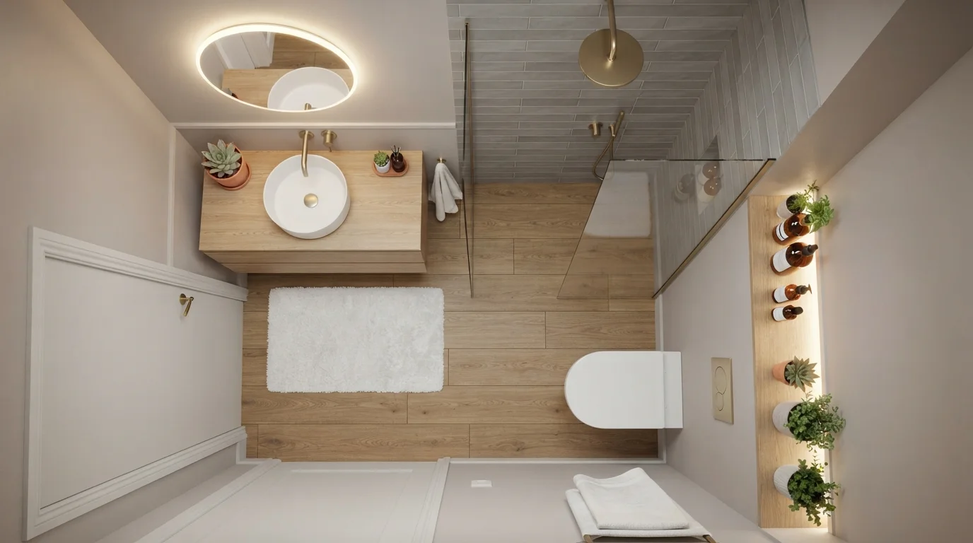 Warm Wood Minimalist Bath — small bathroom painted in Paper Clip