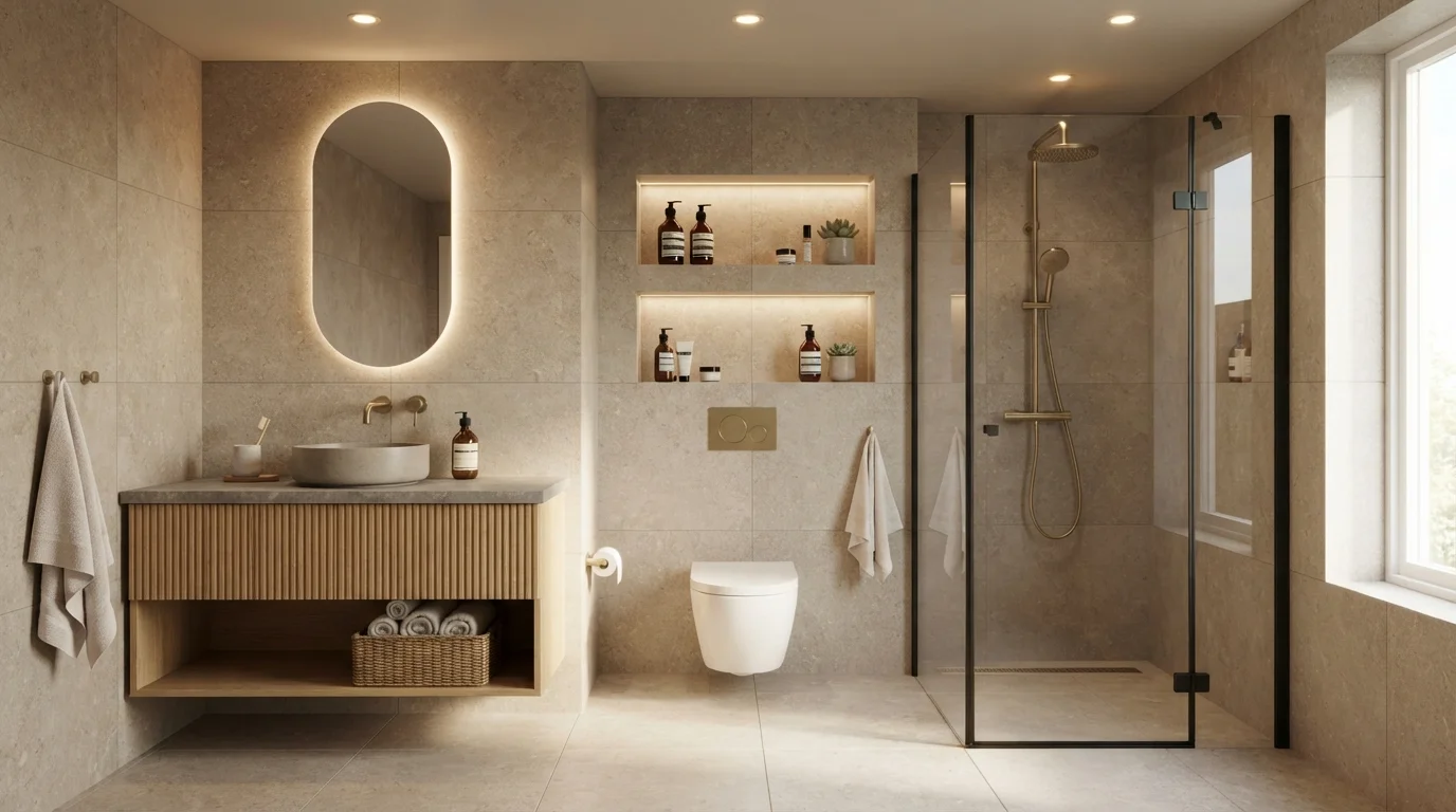 Warm Greige Sanctuary — small bathroom painted in Papyrus Paper