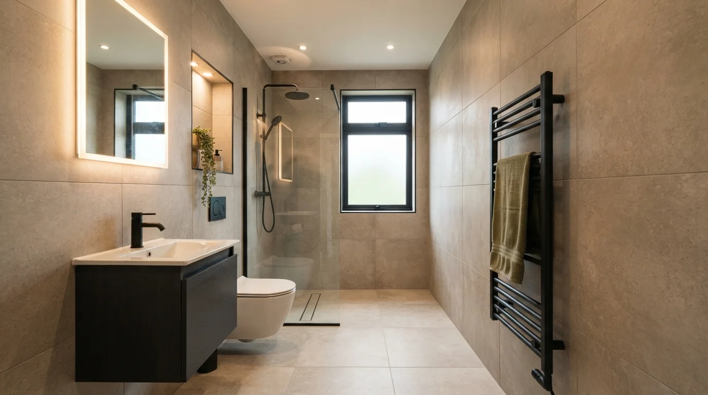 Sleek Greige Wet Room — small bathroom painted in Black Berry