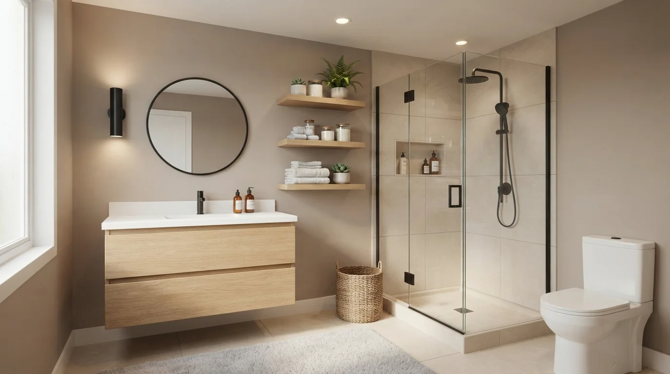 Warm Greige Sanctuary — small bathroom painted in Snuggled