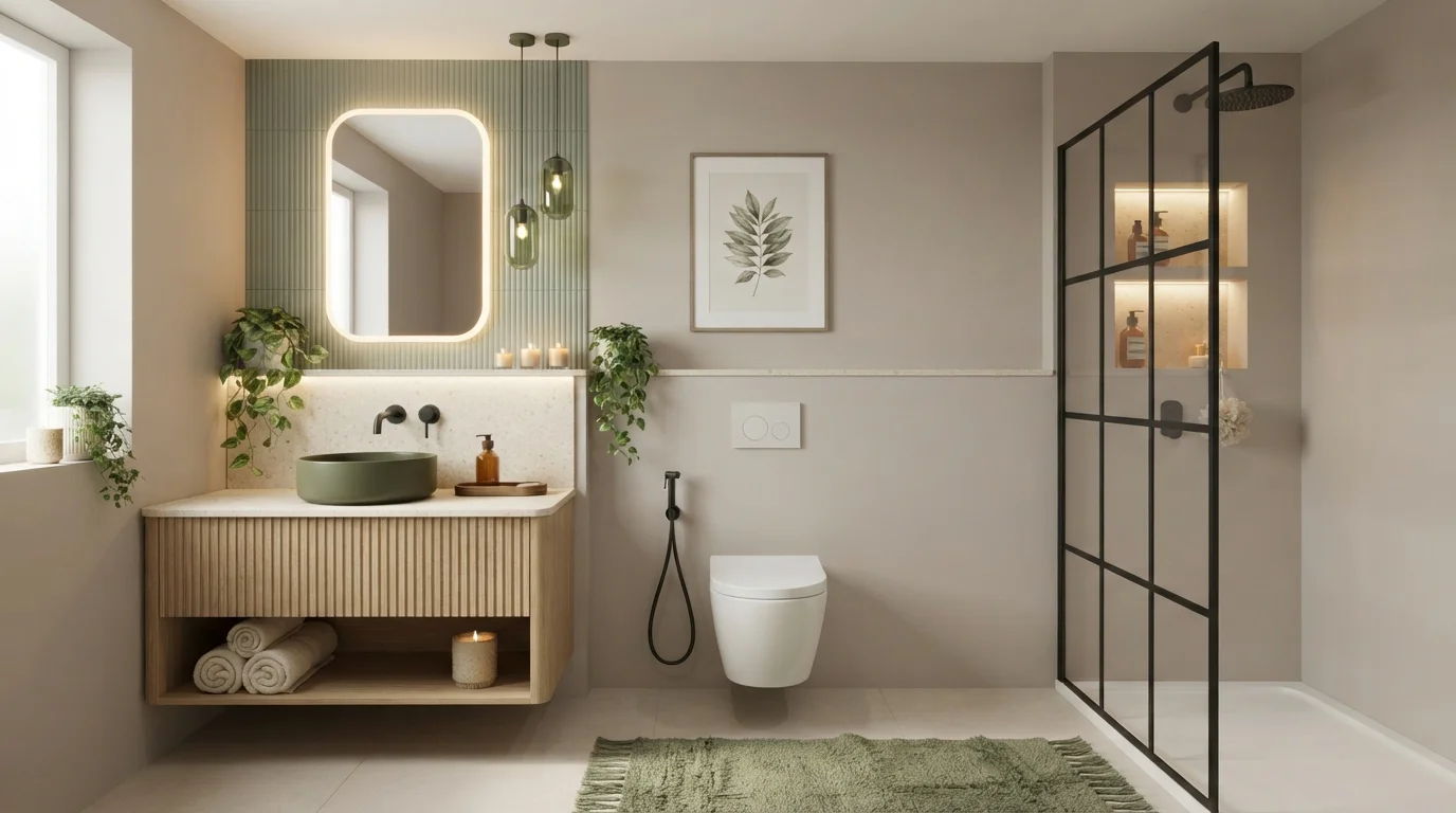 Earthy Sage Sanctuary — small bathroom painted in Marshy Habitat