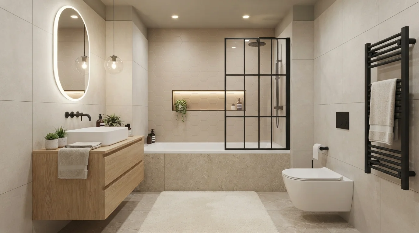Warm Modern Spa — small bathroom painted in Eskimo Boot / Elk Skin