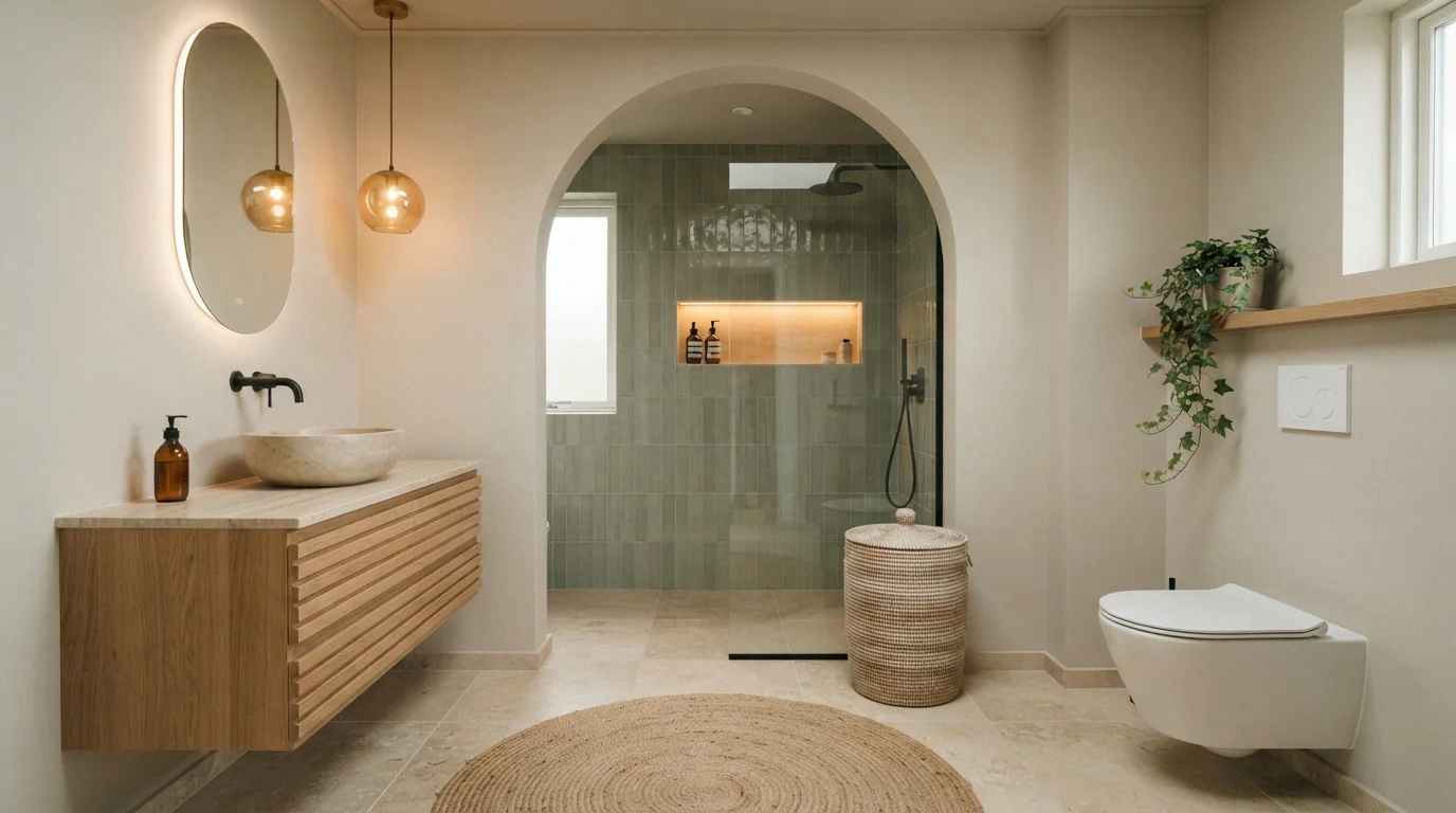 Earthy Spa Haven — small bathroom painted in Synchronicity