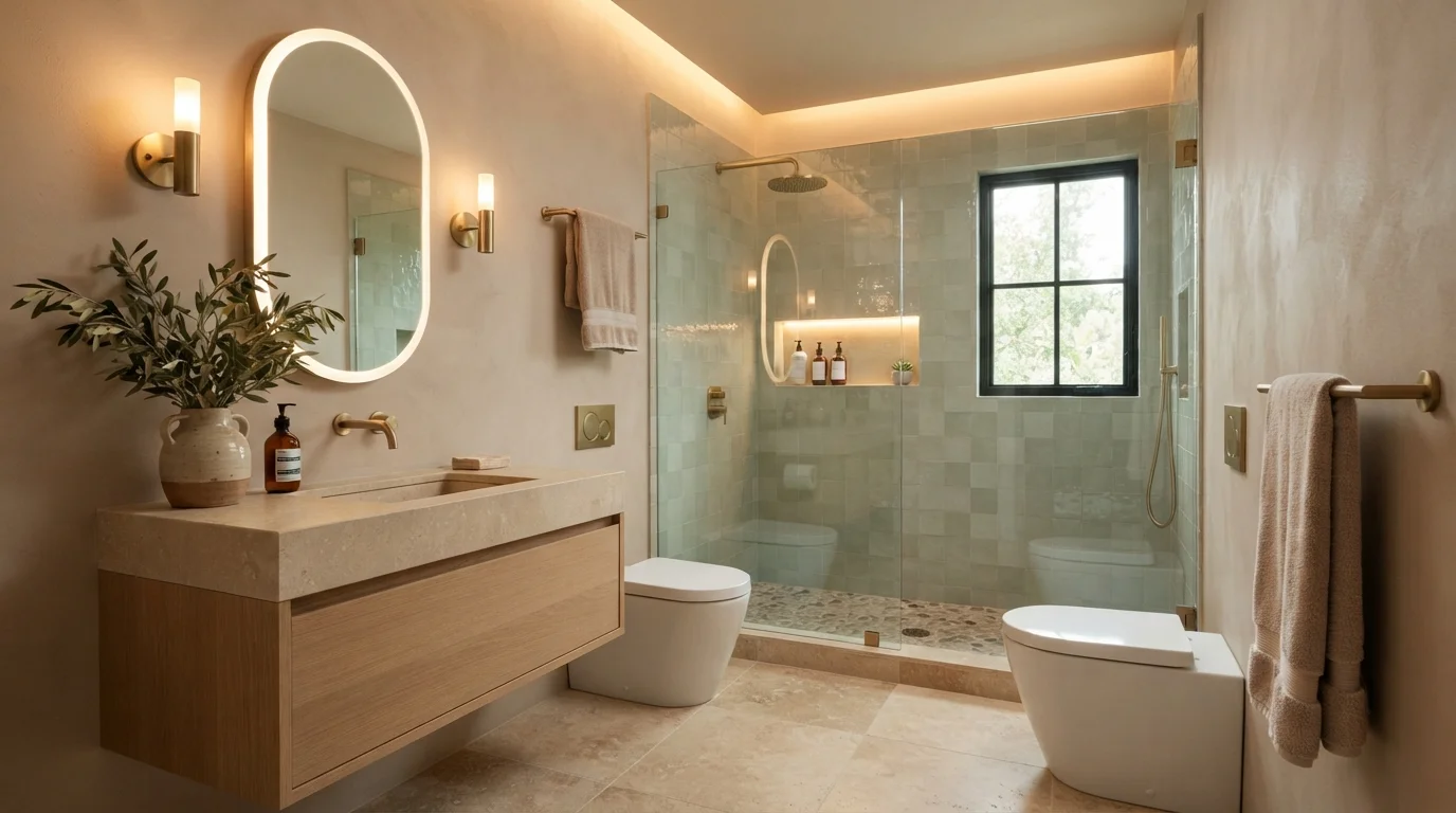 Earth and Sage Sanctuary — small bathroom painted in Cappuccino Froth