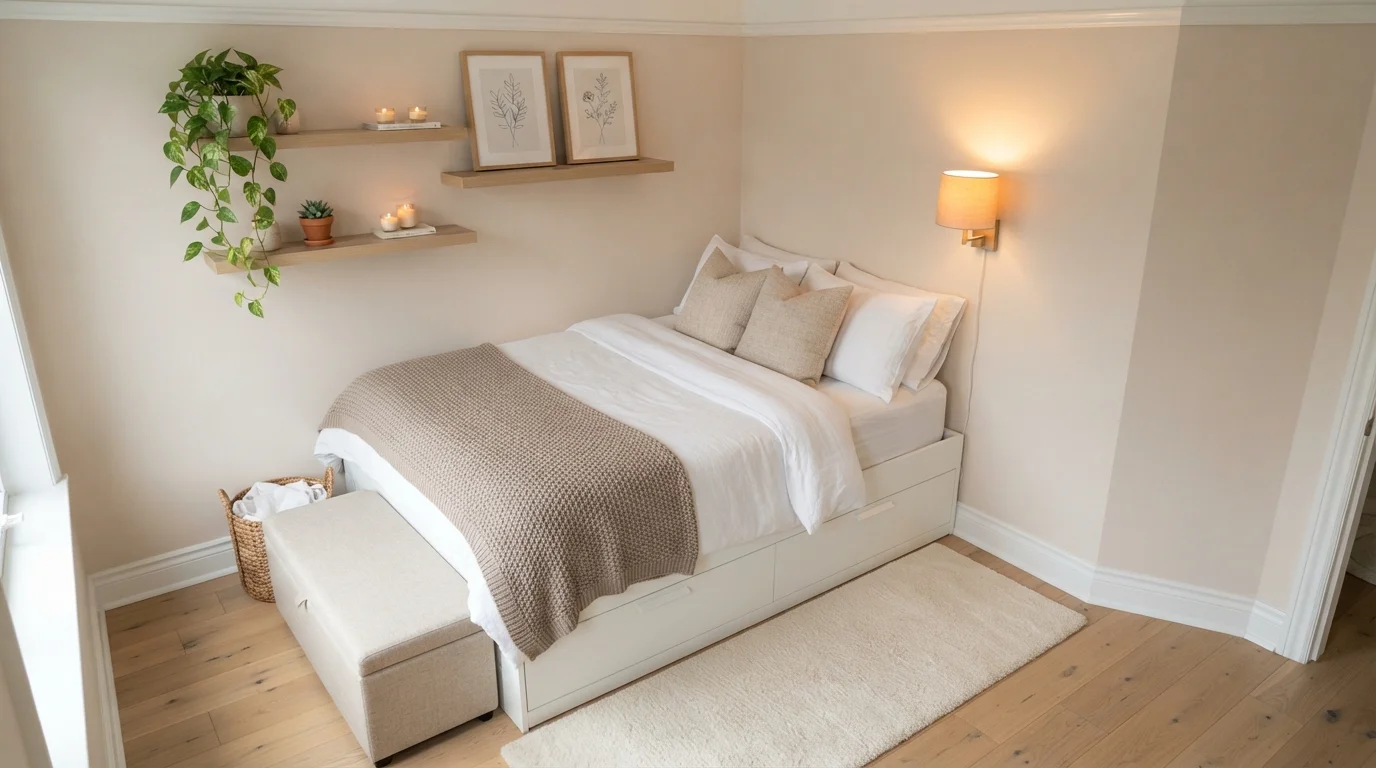 Warm Linen Haven — small bedroom painted in March Breeze