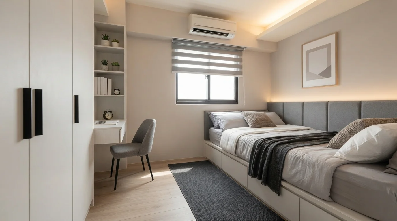 Warm Greige Haven — small bedroom painted in Weeping Birch