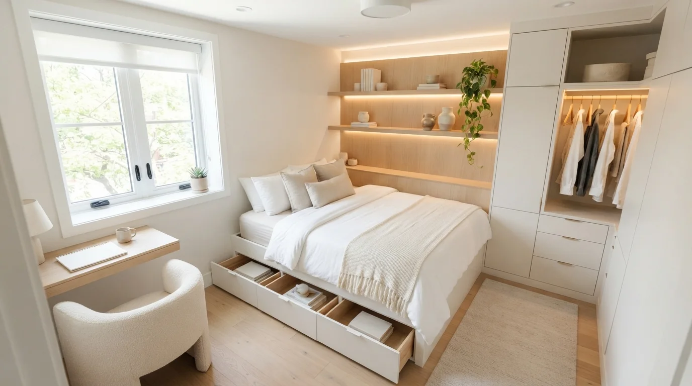 Warm Minimalist Nook — small bedroom painted in Barely There