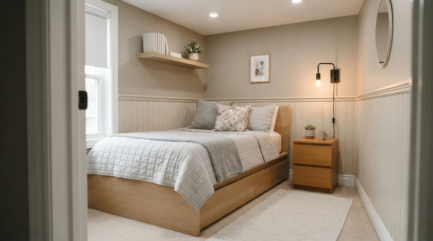 Japandi Taupe Retreat — small bedroom painted in Chic Taupe