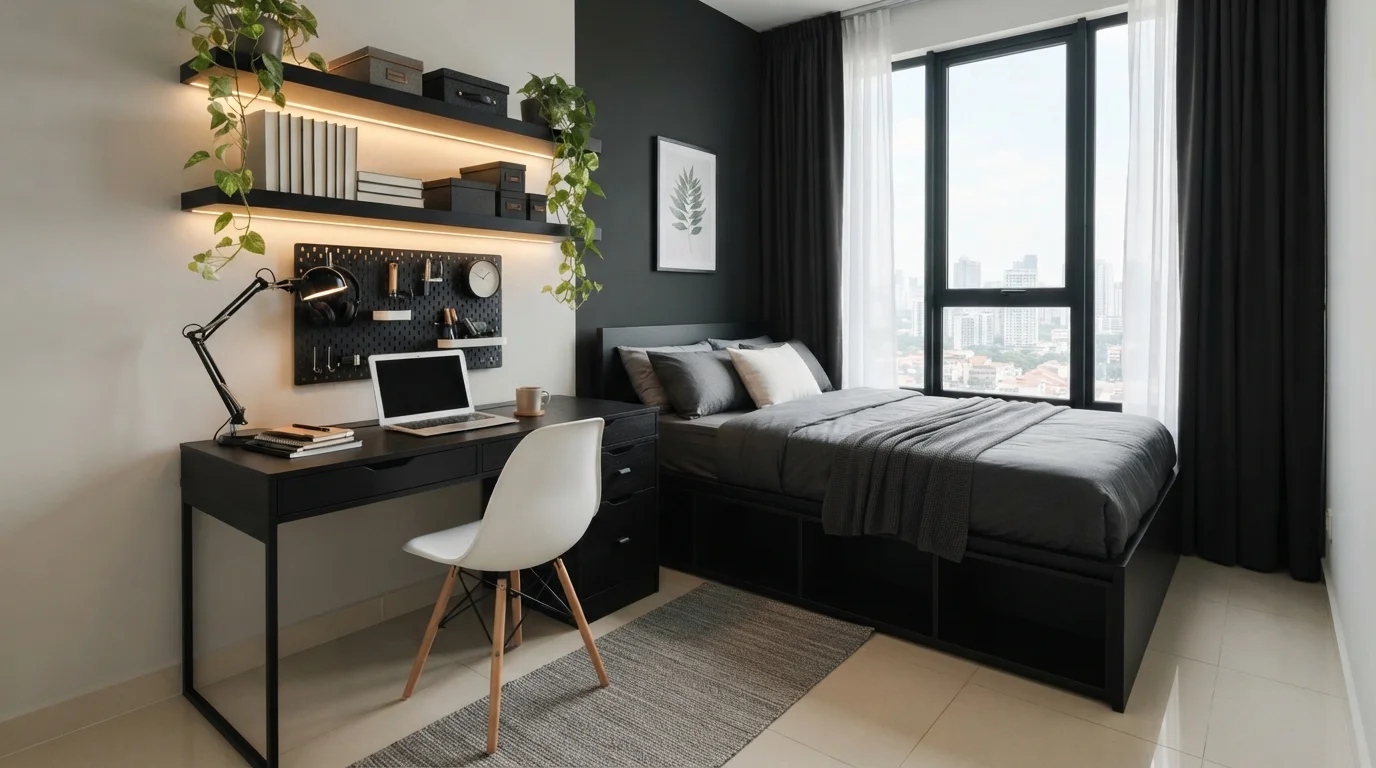 Charcoal Studio Retreat — small bedroom painted in Drift of Mist
