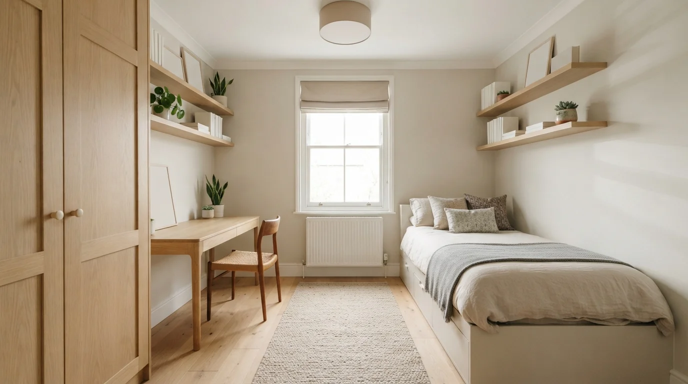 Warm Minimalist Nook — small bedroom painted in Nacre