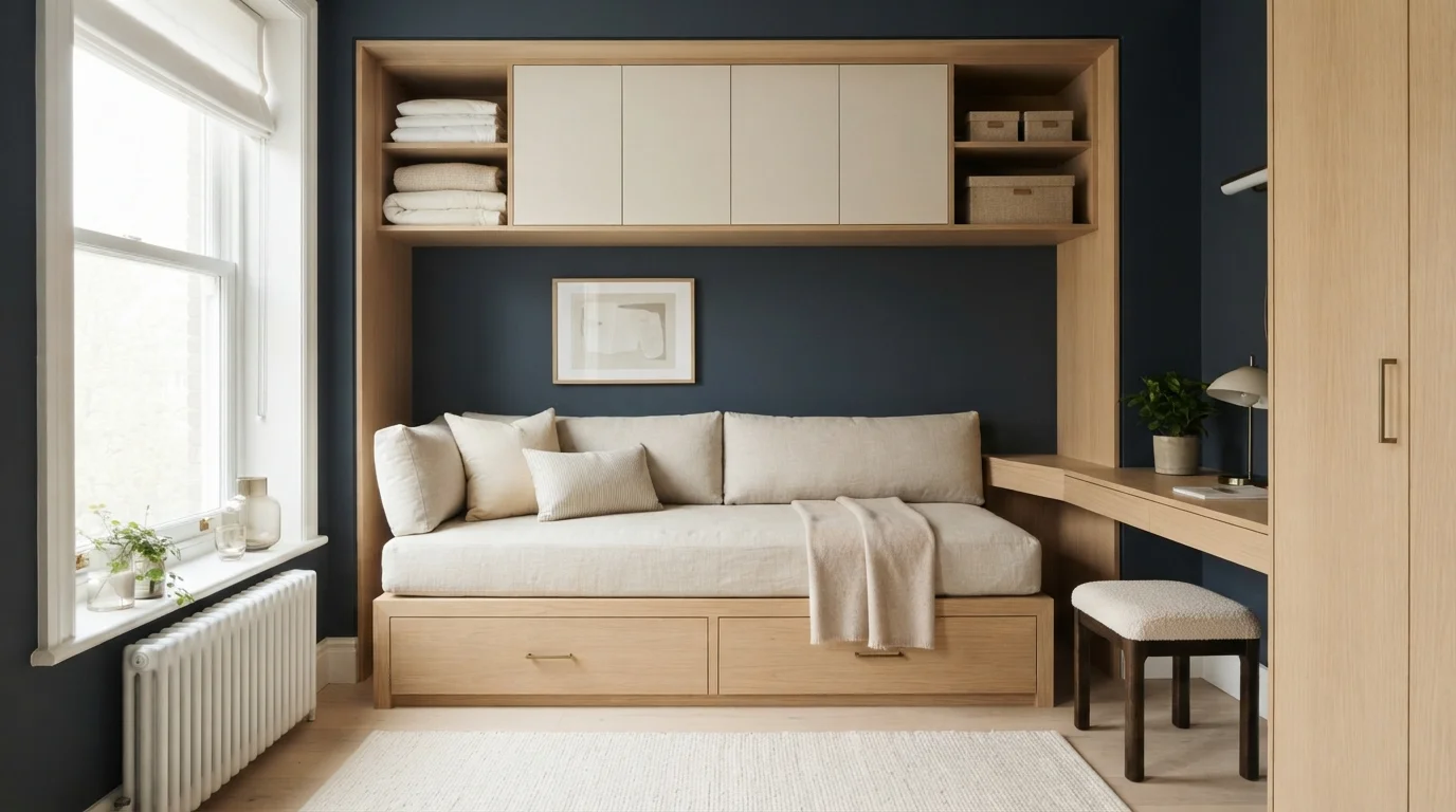 Pale Oak Daybed Nook — small bedroom painted in Navy Bean