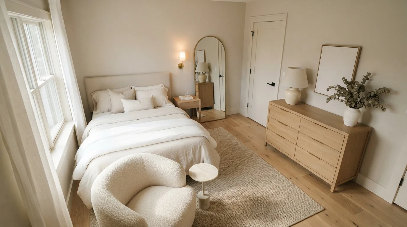 Warm Creamy Haven — small bedroom painted in Maybe Mushroom