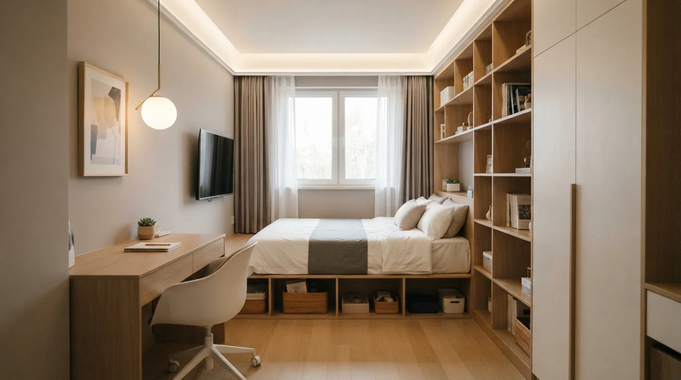 Warm Greige Studio — small bedroom painted in Off The Grid