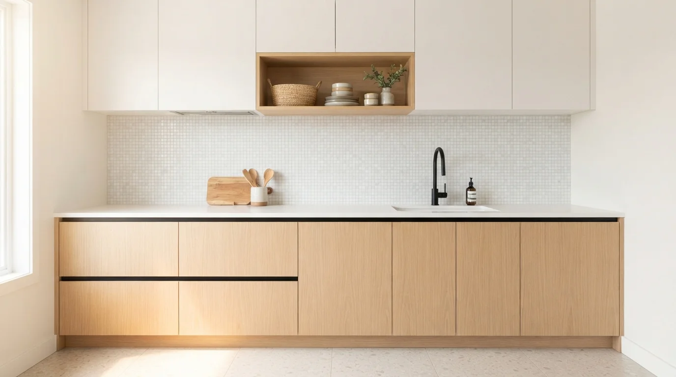Scandinavian Oak and Chalk — small kitchen painted in Droplets