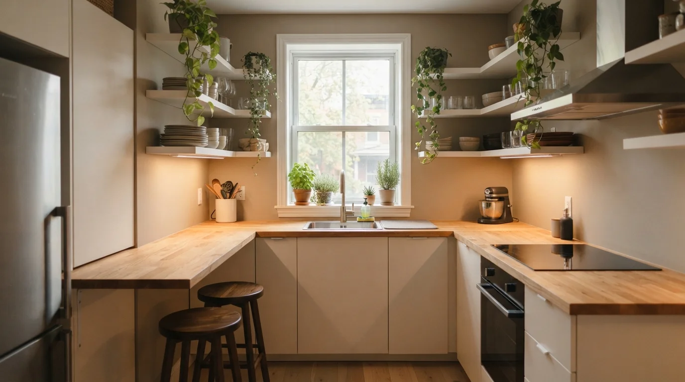 Warm Nordic Nook — small kitchen painted in Trail Dust