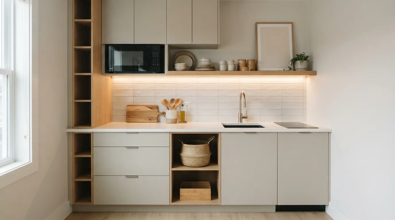 Minimalist Oak Kitchenette — small kitchen painted in Dove's Wing