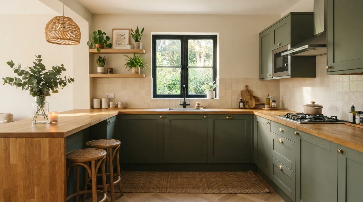 Sage and Natural Oak — small kitchen painted in Maison Blanche