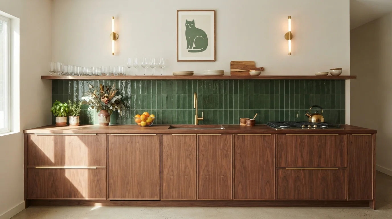 Earthy Walnut and Forest Tile — small kitchen painted in Always Neutral