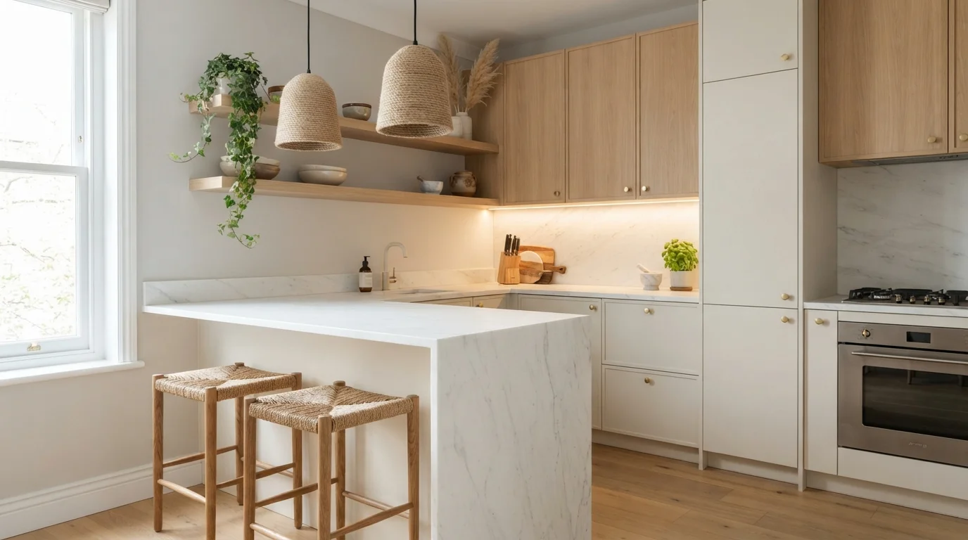 Cream and Natural Oak — small kitchen painted in Summer Gray