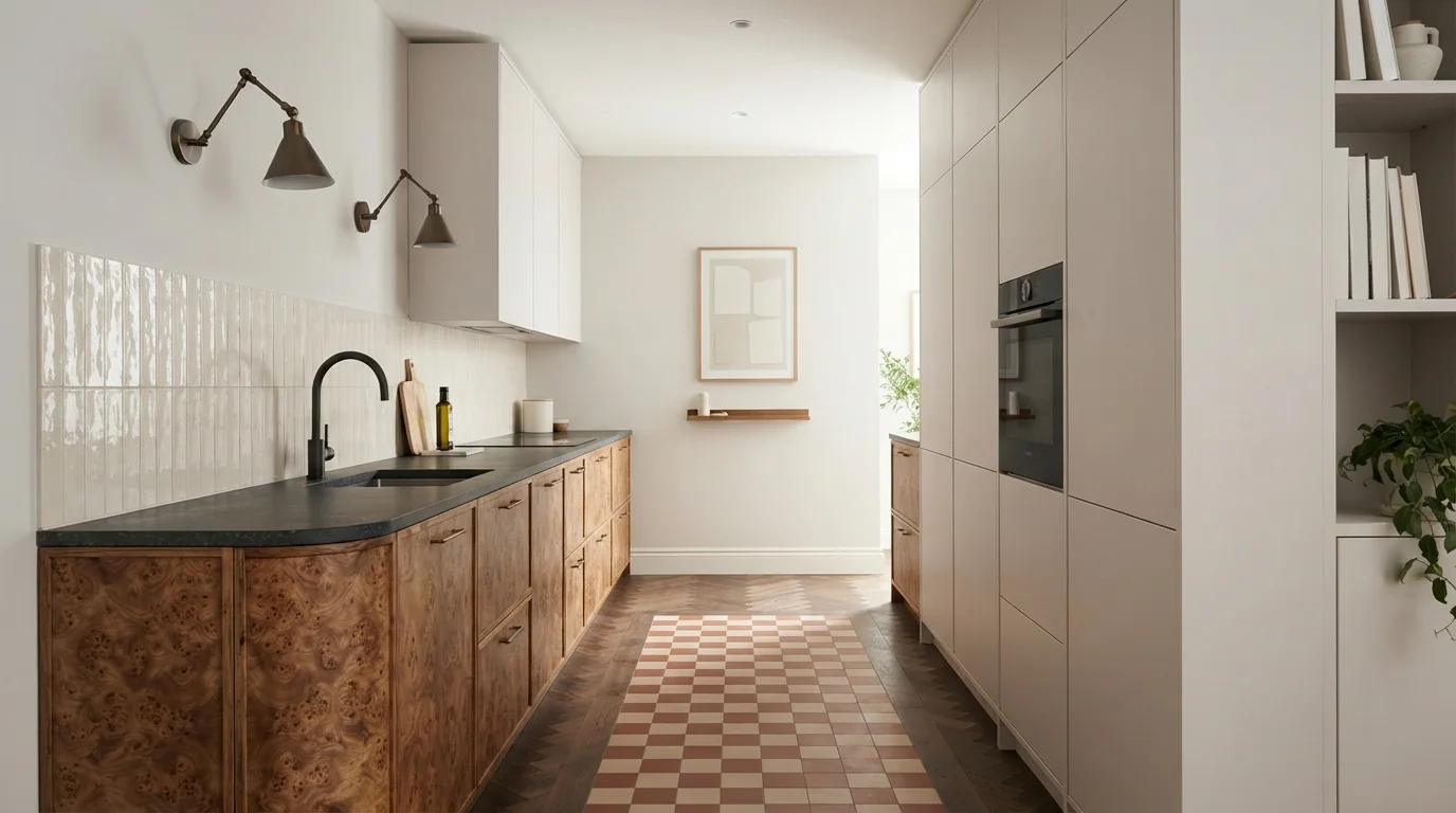 Warm Cream and Burl — small kitchen painted in Seagull