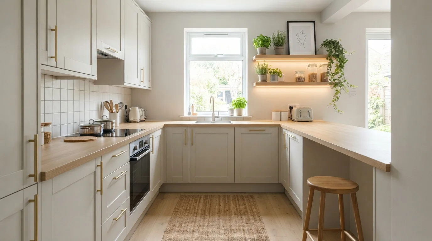 Warm Scandinavian Kitchen — small kitchen painted in Summer Gray