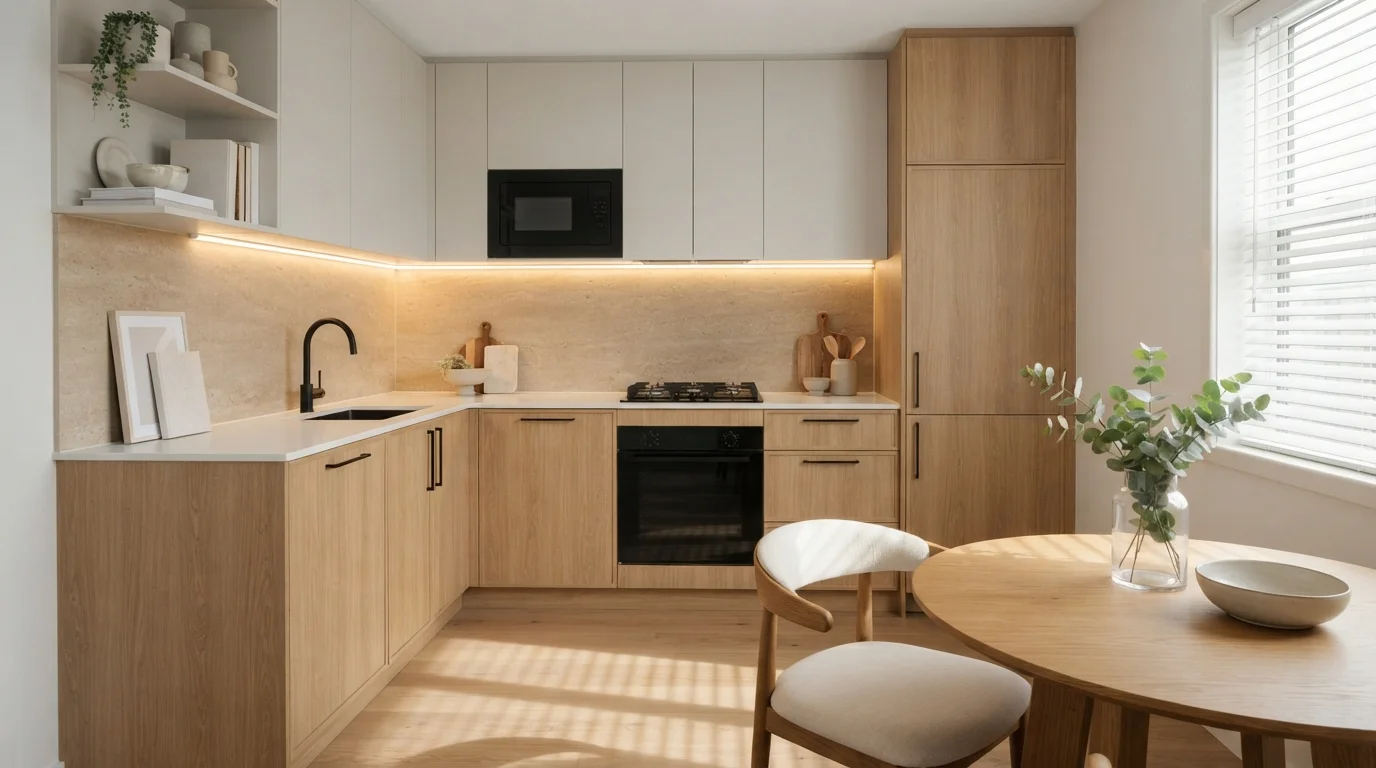 Cream and Warm Oak — small kitchen painted in Incredible White